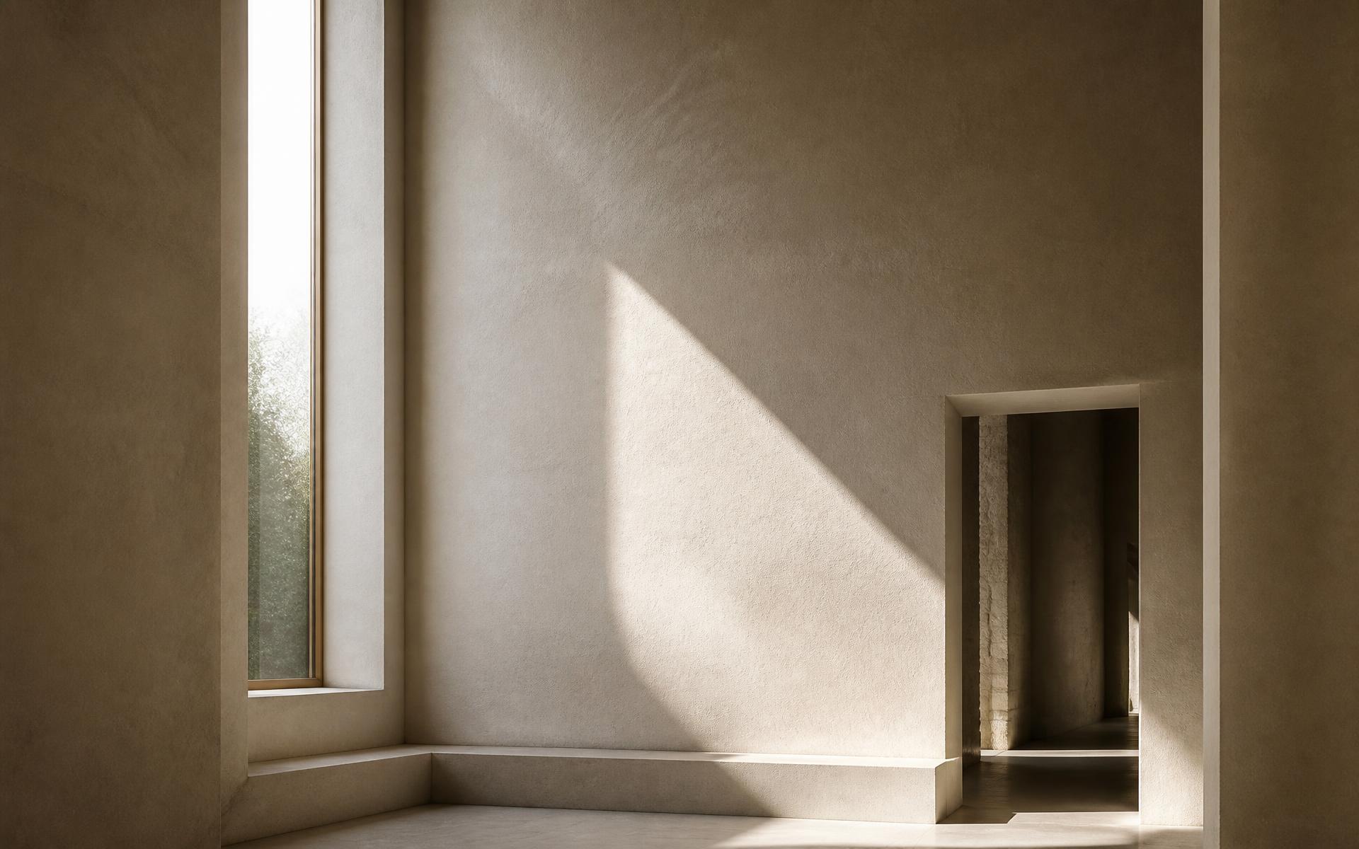Bare plaster room with a tall vertical window, daylight raking across limestone walls