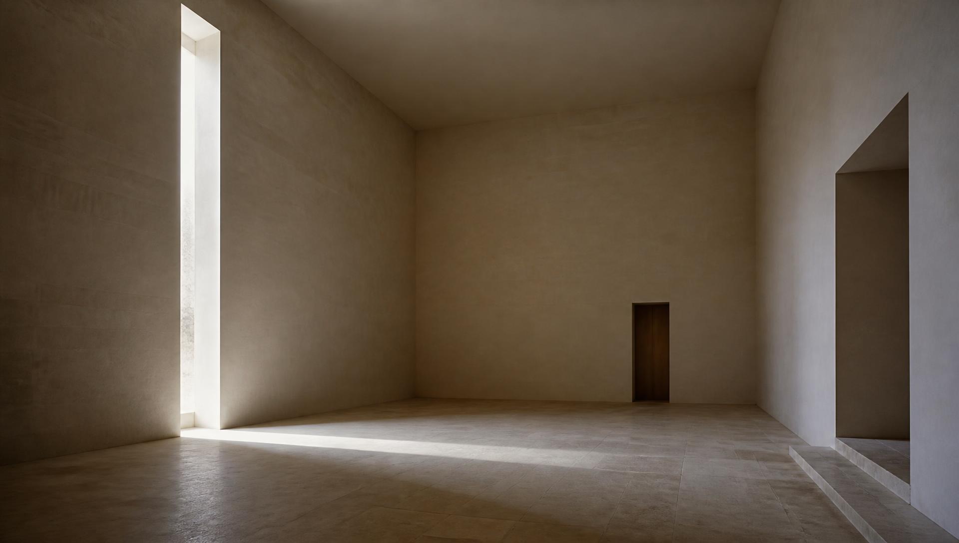 Empty limestone hall with a single vertical slot window casting a blade of daylight across the floor